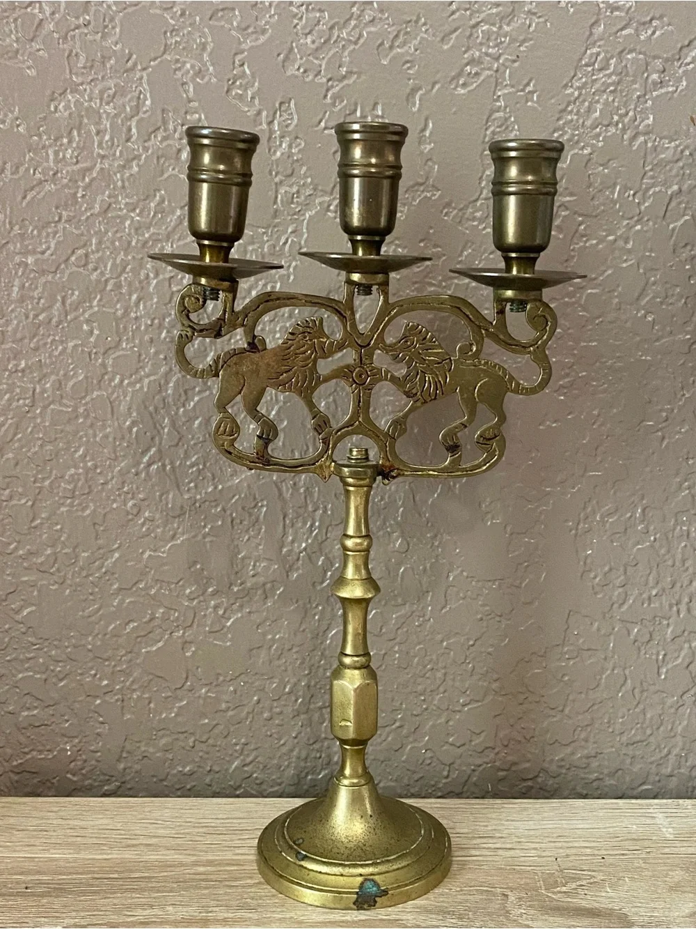 Brass Triple-Arm Lion Motif Candelabra